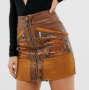 River Island Brown Snake Print Y2K Faux Leather Zip Front Mini Skirt Size 10
